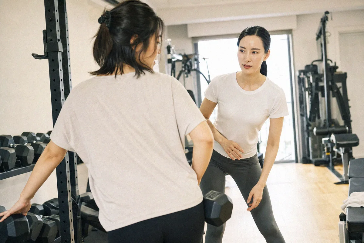 トレーナーに見守られながらダンベルで動作を確認する利用者