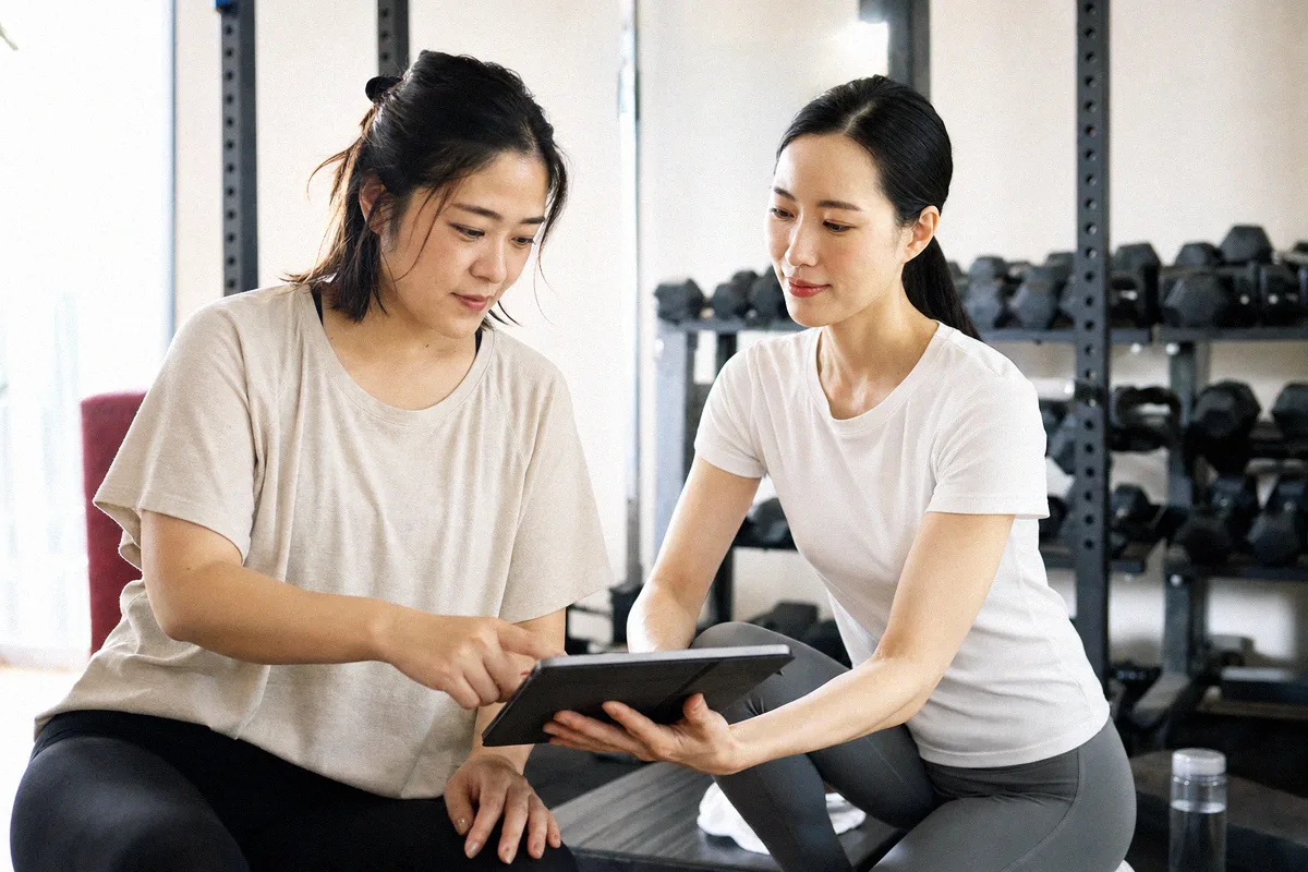 ベンチに並んで座り、タブレットの画面を一緒に見るトレーナーと利用者