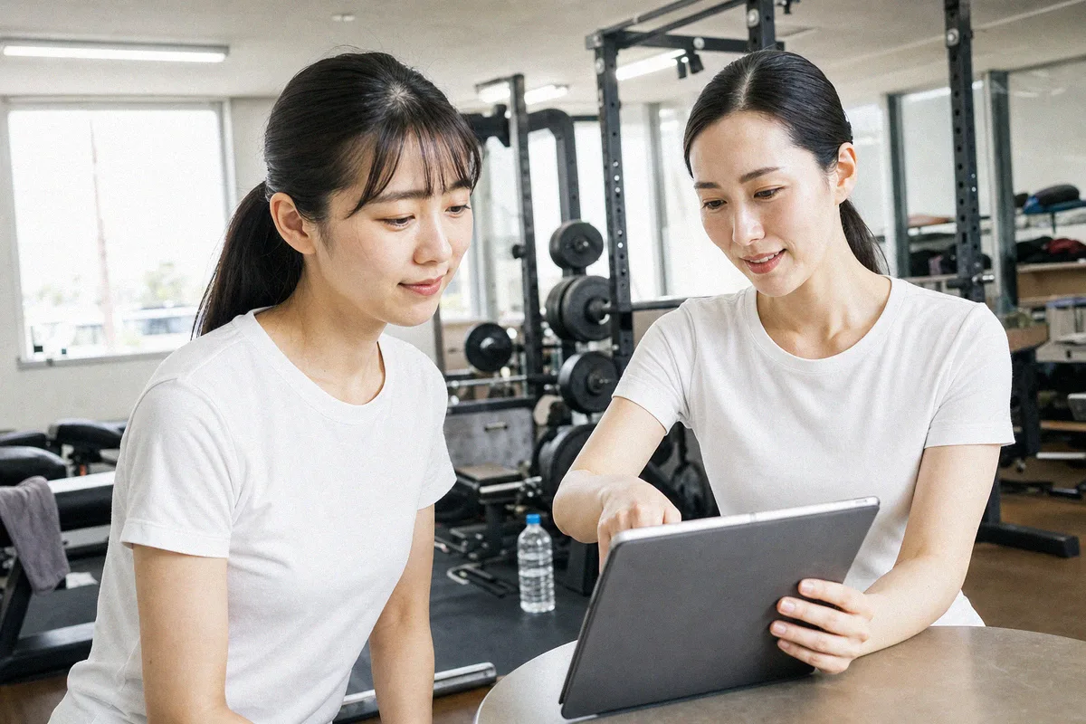 窓際でタブレットを指しながら進め方を確認するトレーナーと利用者
