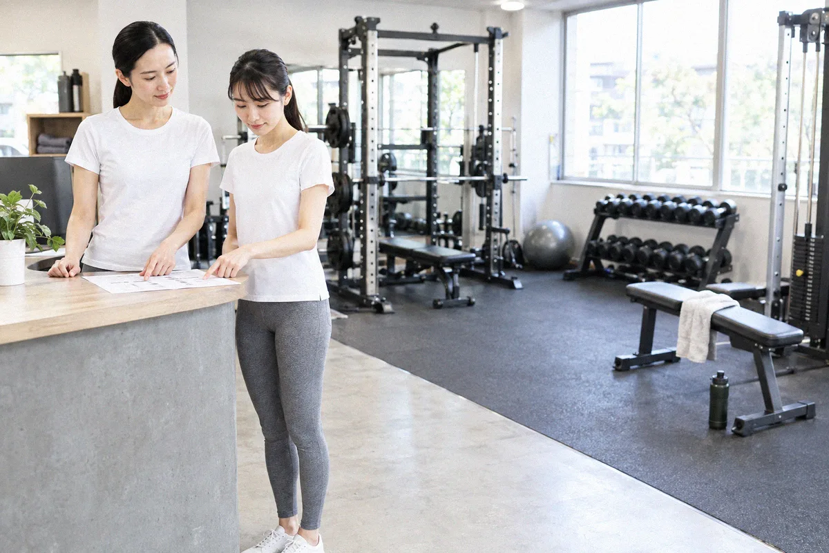 受付カウンターで印刷したプランを指しながら確認する利用者とトレーナー