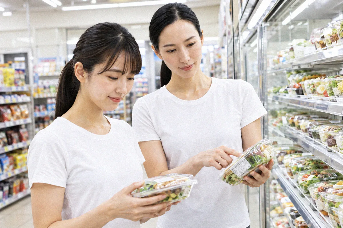 コンビニの惣菜売り場で商品を見比べる利用者とトレーナー