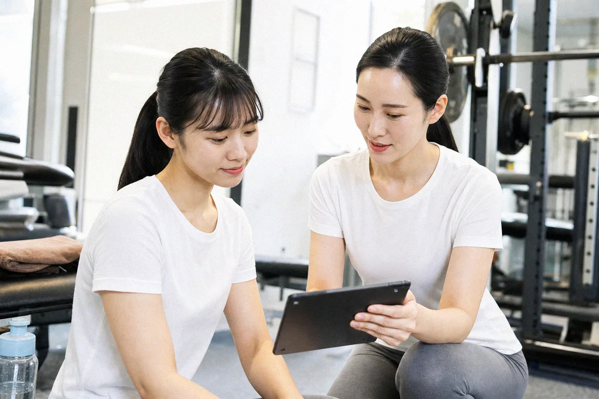 カウンセリングでメニューの内容を確認する利用者とトレーナー