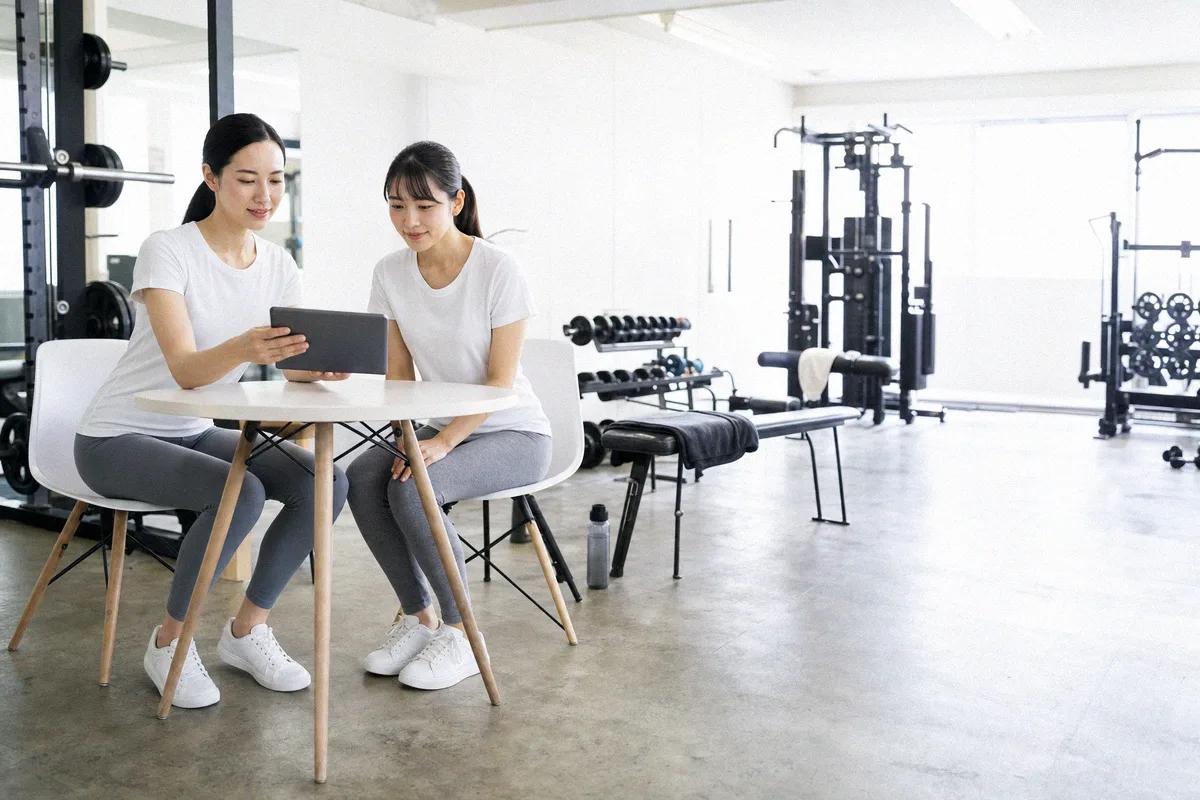 白いテーブルを挟んで向かい合い、タブレットを見て話す2人