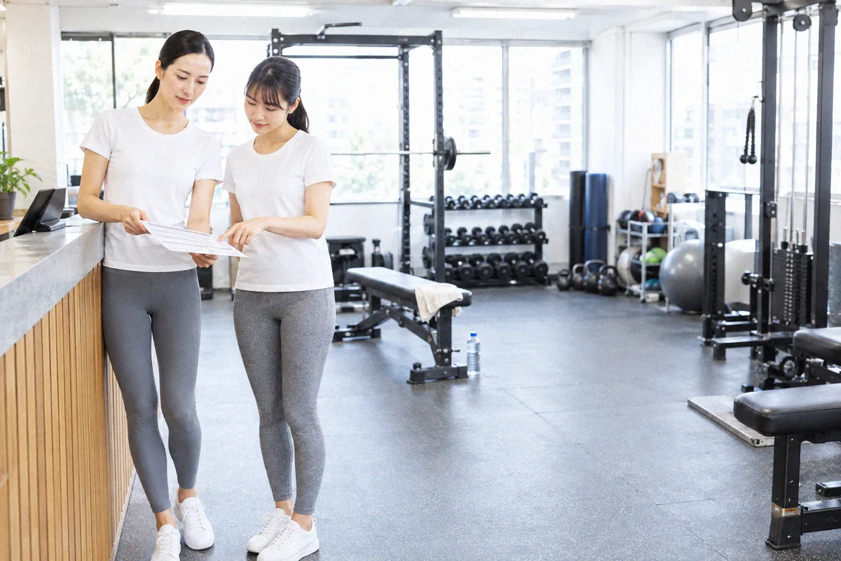 受付カウンターで印刷したプランを指しながら確認する利用者とトレーナー