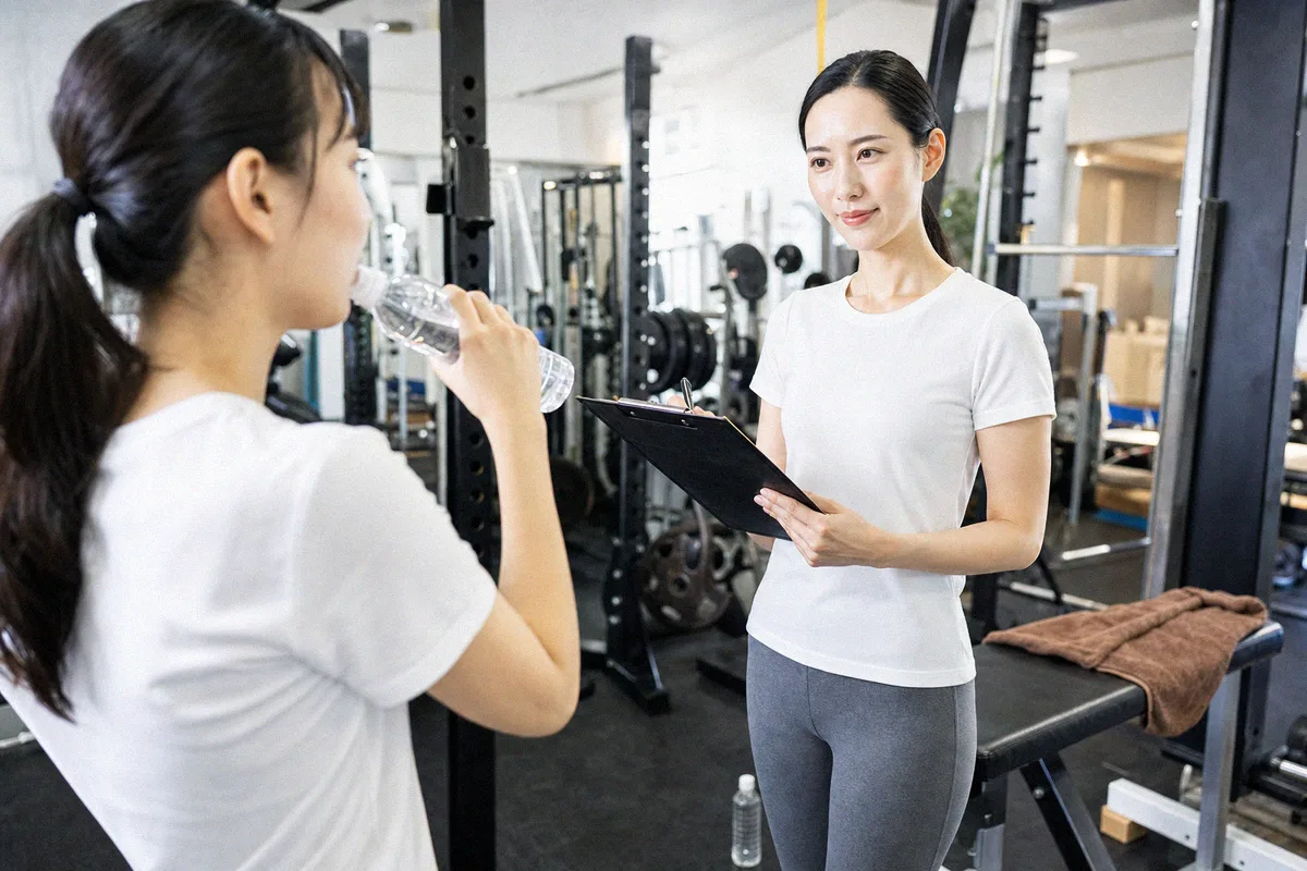 水分を取る利用者と、クリップボードに記録するトレーナー